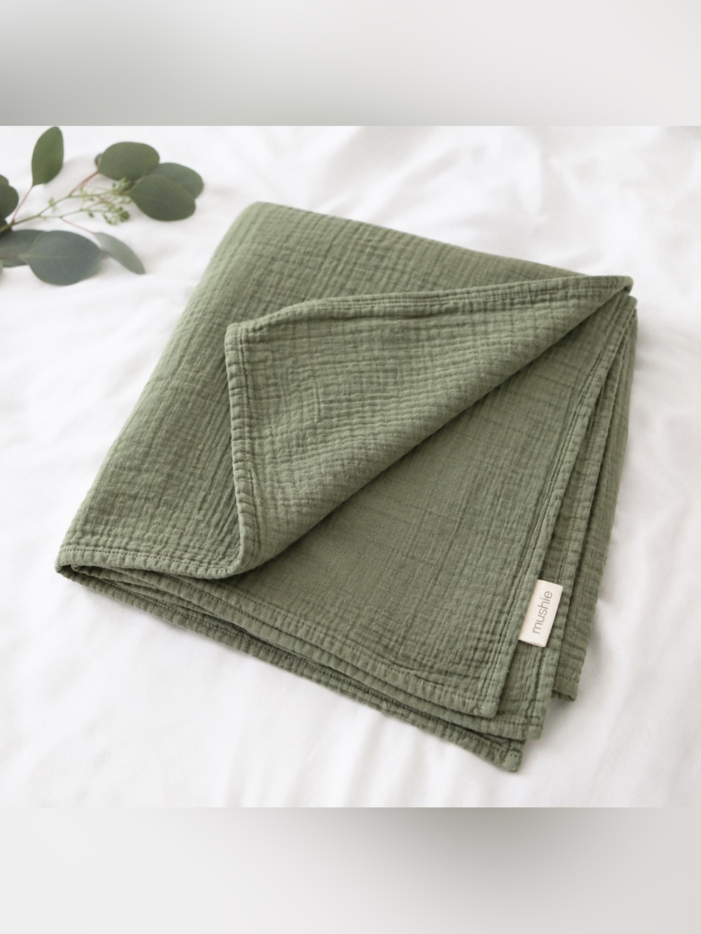 Mushie Organic Cotton Muslin Baby Blanket Olive Green Sage Swaddle Nursery